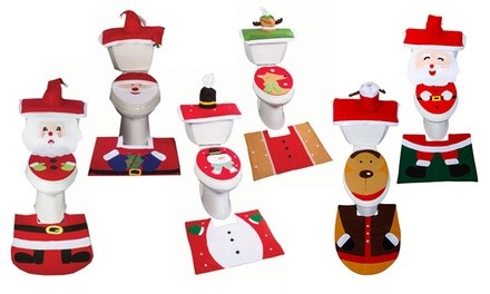 Decorative Christmas-Themed Bathroom Toilet Cover & Mat Set (3-Piece)