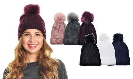 Angelina Women's Fleece-Lined Cable Knit Beanie with Furry Pom-Pom