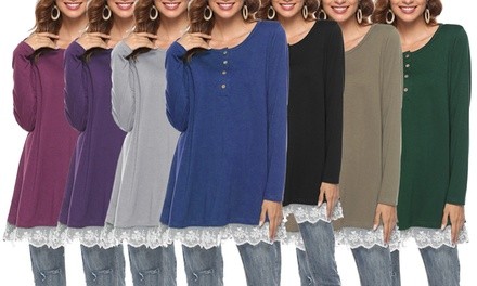 Women's Long Sleeve Button-Lace Trim Tunic. Plus Sizes Available.