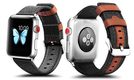 WalvoDesign Classic Canvas Fabric with Genuine Leather Strip Replacement Band for Apple Watch Series 1, 2, 3, 4 & 5