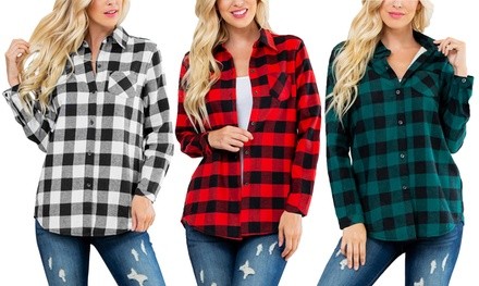 Riah Fashion Women's Sherpa Lined Plaid Flannel Shirt