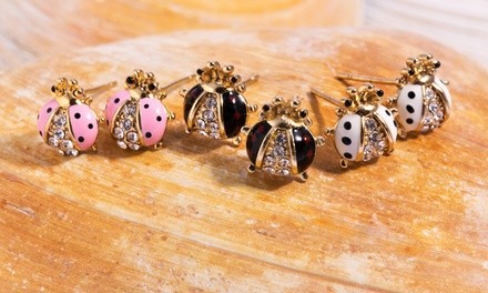 18K Gold Plated Ladybug Stud Earrings made with Swarovski Elements (3-Pack)