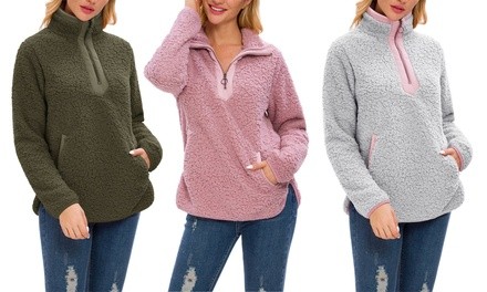 Lilly Posh Women's Long Sleeve Sherpa Fleece Pullover with Pockets