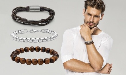 Men's Stainless Steel and Leather Bracelet Set of 3
