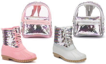 Olivia Miller Girl's Sequin Duck Boots with Matching Backpack (Sizes 2, 3, 4)