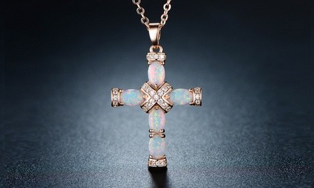 Fire Opal Cross Pendant in 18K Rose Gold Plating By Peermont