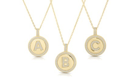 Crystal Round Disc Initial Pendant Necklace in 14K Gold Plating