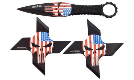 Perfect Point Stainless Steel Skull Flag Throwing Knife and Star Set (3-Piece)