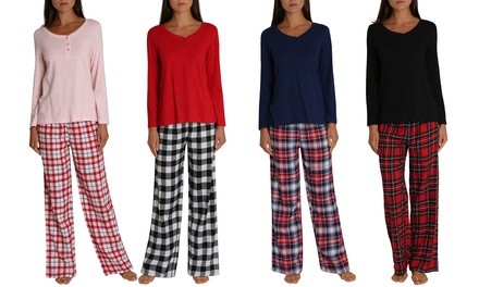 Women's Knit Cotton Top and Flannel Bottom Pajama Set (2-Piece) Plus Sizes Available.