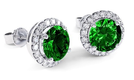 3.00 CTTW Emerald Halo Sterling Silver Studs by Valencia Gems