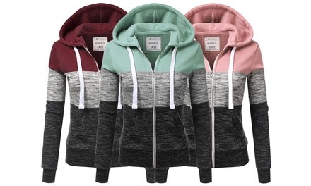 Doublju Junior's Color-Block Zip-Up Hoodie. Plus Sizes Available.