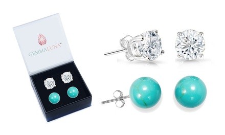 Gemma Luna 6.00 CTTW Genuine Turquoise Ball and White Topaz Stud Earring Set (2-Pack)