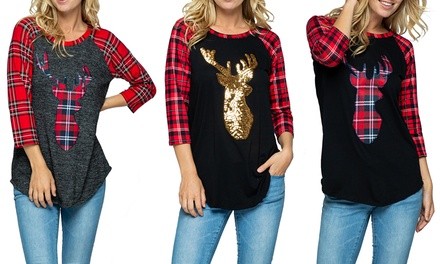 Acting Pro Reindeer Patch Raglan Top. Plus Sizes Available.