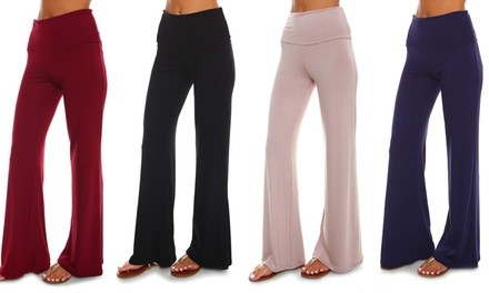 Isaac Liev Women's Fold-Over High Waist Palazzo Pants. Plus Sizes Available.
