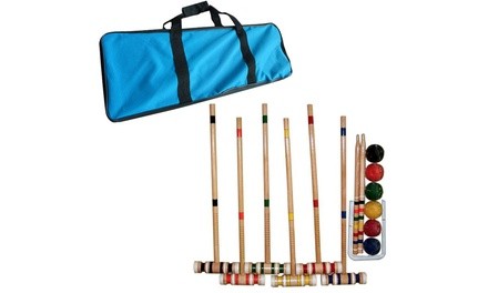 Croquet Set- Wooden Outdoor Deluxe Sports Set with Carrying Case by Hey! Play!