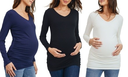 (3-Pack) Hello Miz Maternity Long Sleeve V-Neck T-Shirts with Ruching