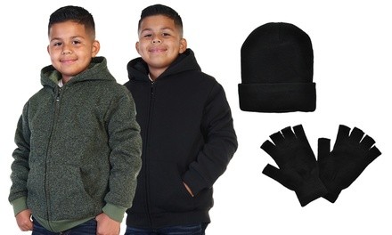 Big Boy's Full-Zip Sherpa-Lined Hoodie Jackets with Free Hat & Gloves Set