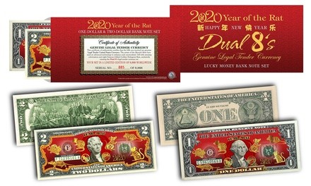 2020 Chinese New Year of the Rat Lucky 8 Gold Rats U.S. Dollar Bill Set