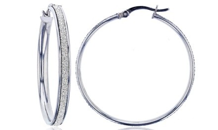 Sterling Silver Rhodium White Glitter 35X3.5mm Hoop Earring by Decadence