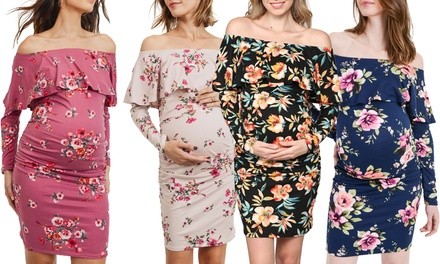 Hello Miz Maternity Floral Long Sleeve Off-Shoulder Dress