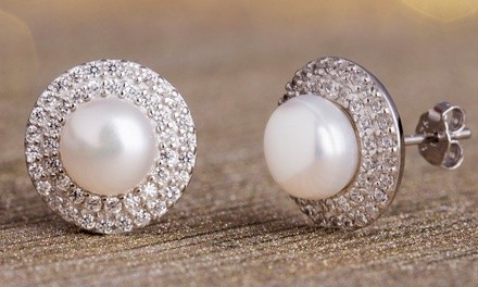 Nina & Grace Cultured Freshwater Pearl and Double Row CZ Stud Earrings in Silver
