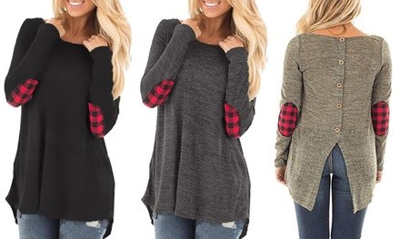 Leo Rosi Women's Buffalo Plaid Elbow Patch Top. Plus Sizes Available.