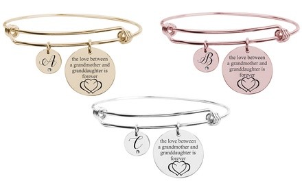 The Love Between A Grandmother & Granddaughter Cubic Zirconia Accent Initial Bangle by Pink Box