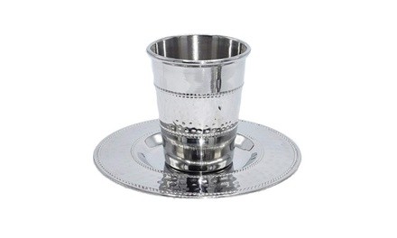 Jewish, Shabbat Kiddush Cup  Saucer, Hammered Stainless Steel, 3
