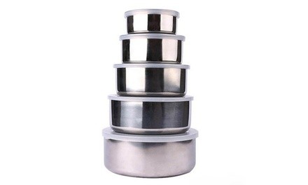 Stainless Steel Bowl Set with Clear Plastic Lids 5 Piece