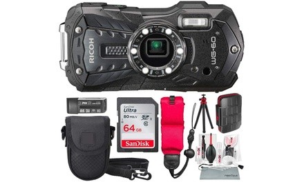 Ricoh WG-60 Waterproof Digital Camera, Black with 64GB, Floating Strap, Tripod, 