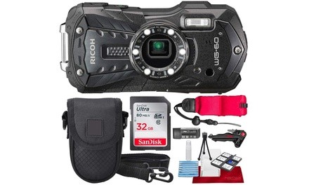 Ricoh WG-60 Waterproof Digital Camera, Black with 32GB, Floating Strap, Tripod A