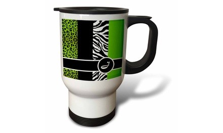  Travel Mug Elegant Animal Print Monogram - Green J - 14oz 