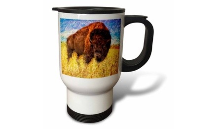  Travel Mug Buffalo Painting in Rich Browns, Blue Sky and Golden Grasses - 14oz