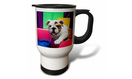  Travel Mug Bulldog Puppy sitting in colorful box, MR - 14oz 