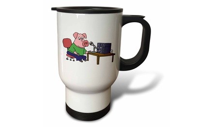  Travel Mug Funny Pink Pig using HAM Radio Cartoon - 14oz 