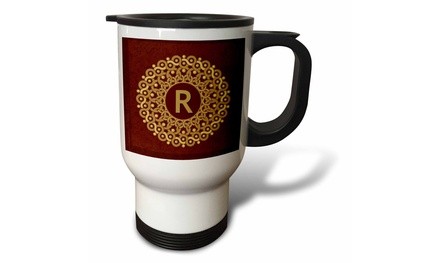  Travel Mug Monogram R tan and coffee mandala on warm chocolate muted grunge 