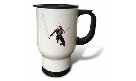  Travel Mug Cyborg Samurai Leaping Forward with Drawn Swords - 14oz 