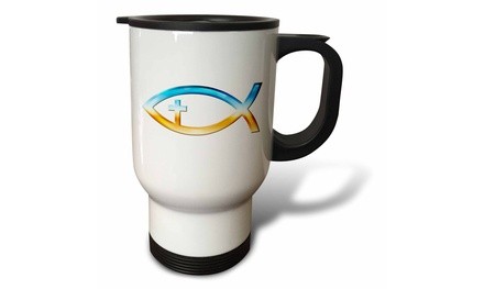  Travel Mug Chrome Christian Fish Symbol with Cross  - 14oz 