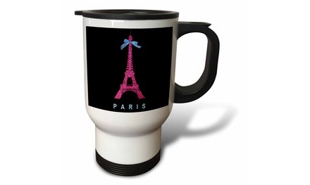  Travel Mug Hot Pink Paris Eiffel Tower from France with girly blue ribbon bow 