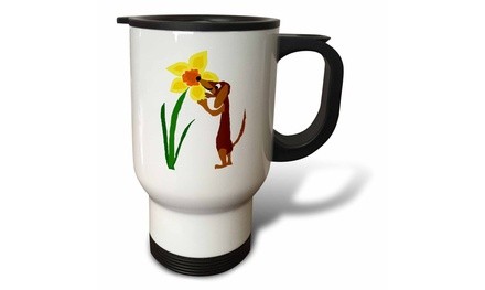  Travel Mug Funny Brown Dachshund Puppy Dog Sniffing Daffodil Flower Art - 14oz