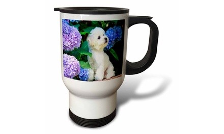  Travel Mug Adorable Bichon Frise Puppy Among Hydrangeas - 14oz 