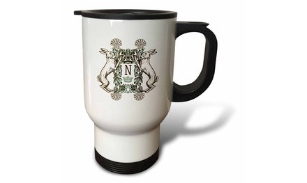  Travel Mug Letter N- White Rabbits Monogram with Shells and Crown - 14oz 