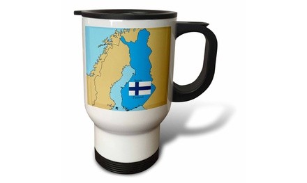  Travel Mug The map and flag of Finland with Finland printed in English and Fin