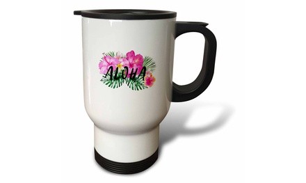  Travel Mug Aloha-Saying with Hawaiian Colorful Summer Hibiscus Flowers-Black