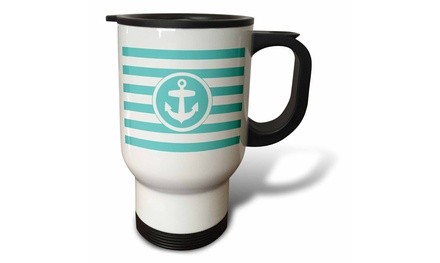  Travel Mug Nautical anchor circle on turquoise and white stripes -aqua teal 