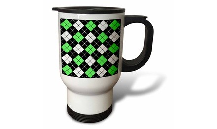  Travel Mug Argyle Design Green Black White - 14oz 