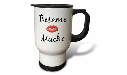  Travel Mug besame mucho kiss me in Spanish picture of red lips on white back