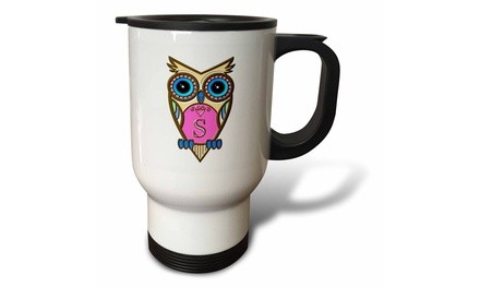  Travel Mug Gorgeous Pink and Blue Owl Monogram Letter S - 14oz 