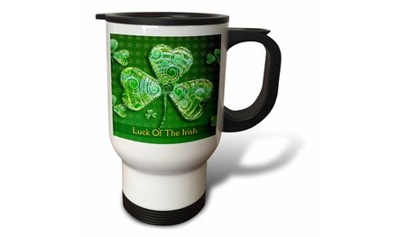  Travel Mug Text Luck of The Irish. Chic clovers on green background - 14oz 