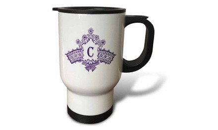  Travel Mug Monogram Initial C in Purple Diadem with Butterfly Detail - 14oz 